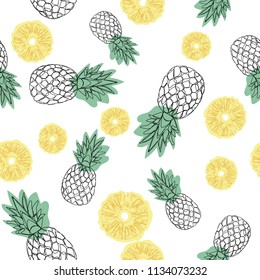 Pineapple seamless pattern on a white background. Design for textiles, banners, posters. Vector illustration. Outline icon. Continuing line drawing.