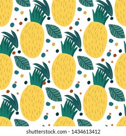 Pineapple seamless pattern on white background. Hand drawn pineapple endless wallpaper. Funny design for fabric, textile print, wrapping paper, children textile. Vector illustration