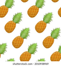 Pineapple seamless pattern on white background. Tropical fruit repeating endless texture. Yummy boundless background. Food surface pattern design. Editable tile for textile, stationery, wrapping paper