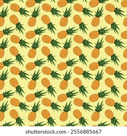 Pineapple seamless pattern on yellow background. Wrapping paper, gift card, poster, banner design. Home decor, modern textile print. Summer bright geometric fruits patterned.