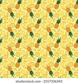 Pineapple seamless pattern on yellow background. Wrapping paper, gift card, poster, banner design. Home decor, modern textile print. Summer bright geometric fruits patterned.