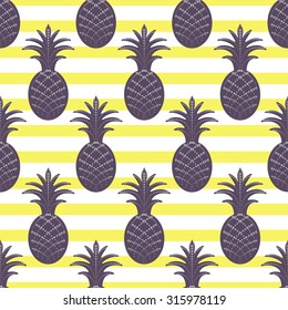 Pineapple seamless pattern on yellow and white stripe background. Stylized ananas fruit.