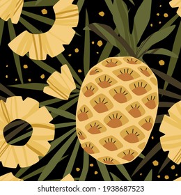 Pineapple seamless pattern over black background. Tropical vector repeatable design. Square composition.