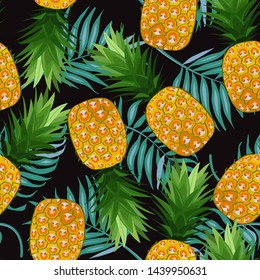 Pineapple seamless pattern with palm leaves on black background. Summer background. Ananas fruits vector illustration.