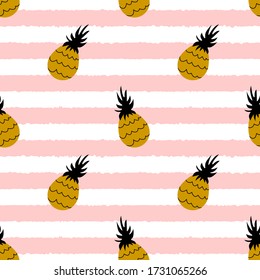 Pineapple seamless pattern with pink stripes. Tropical fruit on white background. Vector illustration.