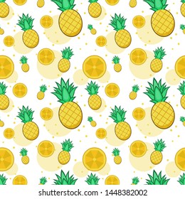 Pineapple seamless pattern with polka dots for print, fabric and organic, raw products packaging. Texture for eco and healthy food on white Background