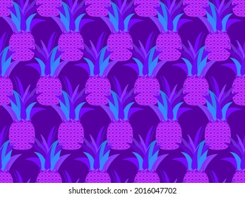 Pineapple seamless pattern. Purple pineapples 80s style. Summer fruit background for T-shirts, prints on paper and fabric. Vector illustration