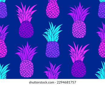 Pineapple seamless pattern. Purple pineapples 80s style. Summer fruit background for T-shirts, prints on paper and fabric. Vector illustration