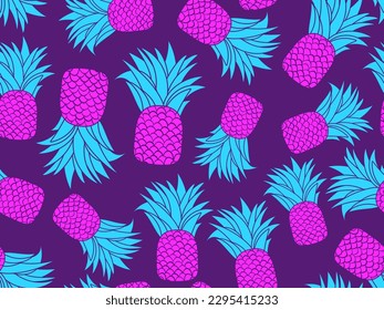 Pineapple seamless pattern. Purple pineapples 80s style. Summer fruit background for T-shirts, prints on paper and fabric. Vector illustration