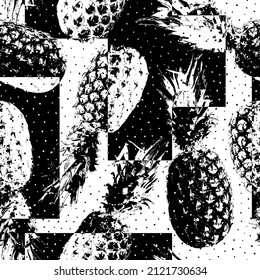 Pineapple seamless pattern. Repeated ananas printed. Repeating contemporary fruit design for summer prins. Black pineapples on white background. Modern stylish texture. Monocrome printing. Vector