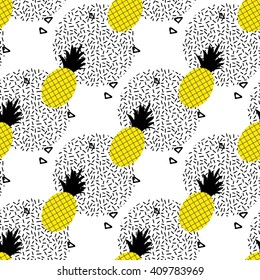 Pineapple seamless pattern. Retro texture in 80s - 90s style. Summer geometric creative pineapple background. 