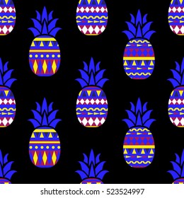 Pineapple seamless pattern. Retro texture in 80s - 90s style. Summer geometric creative pineapple background. Pop art. Neon colors
