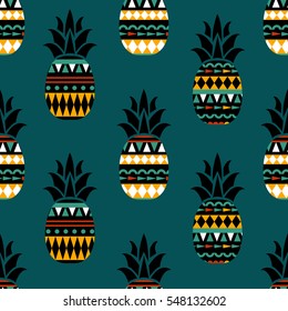 Pineapple seamless pattern. Retro texture in 80s - 90s style. Summer geometric creative pineapple background. Pop art. 