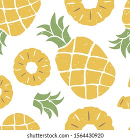 Pineapple Seamless Pattern. Ripe Pineapple And Slice On White Background.  Can Be Used For Wallpaper, Fabric, Wrapping Paper Or Decoration. Vector Hand Drawn Illustration