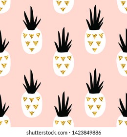Pineapple seamless pattern in scandinavian style. Gold glitter texture. Vector illustration with hand drawn cute pineapple.