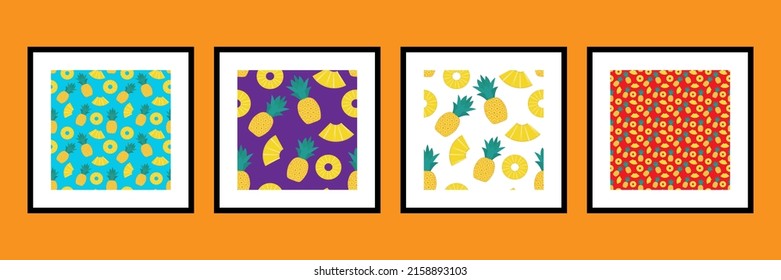 Pineapple seamless pattern set. Tropical fruits textile texture. Food print, fabric wrapping decorative backdrop. Typography graphic. Repeat design element Vector illustration