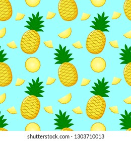 Pineapple Seamless pattern and slices. Summer fruit summer on blue background. Elements for menu. tropical textile print. Vector illustration.