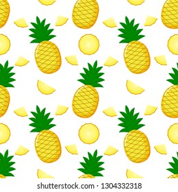 Pineapple Seamless pattern and slices. Summer fruit summer on white background. Elements for menu. tropical textile print. Vector illustration.
