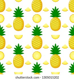 Pineapple Seamless pattern and slices. Summer fruit summer on white background. Elements for menu. tropical textile print. Vector illustration.