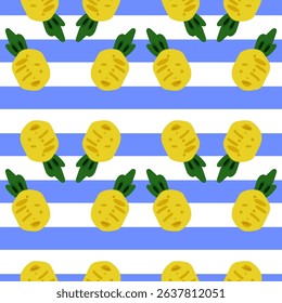 Pineapple Seamless Pattern With Stripes. Seamless pattern with stylized yellow pineapples on white and blue striped background. Flat cartoon style with tropical summer vibe.