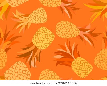 Pineapple seamless pattern. Summer fruit pattern. Pineapple fruit on orange background. Tropical design for T-shirts, prints on paper and fabric. Vector illustration