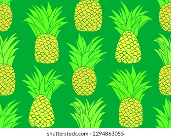 Pineapple seamless pattern. Summer fruit pattern. Pineapple fruit on green background. Tropical design for T-shirts, prints on paper and fabric. Vector illustration