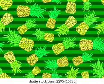 Pineapple seamless pattern. Summer fruit pattern. Pineapple fruit on green background. Tropical design for T-shirts, prints on paper and fabric. Vector illustration