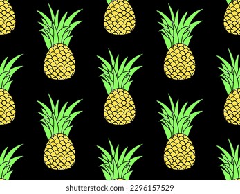 Pineapple seamless pattern. Summer fruit pattern. Pineapple fruit on black background. Tropical design for T-shirts, prints on paper and fabric. Vector illustration