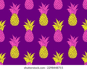 Pineapple seamless pattern. Summer fruit pattern. Pineapple fruit on violet background. Tropical design for T-shirts, prints on paper and fabric. Vector illustration