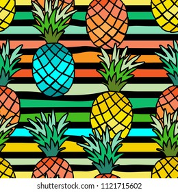 Pineapple seamless pattern. Summer striped print, fruit background. Ananas. Vector illustration.