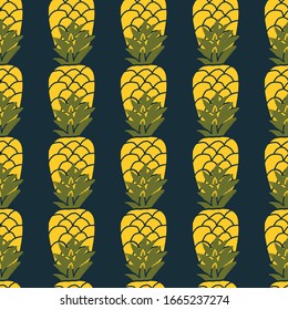 Pineapple seamless pattern. Textured block graphic style. Vector illustration of yellow green colors on dark blue background. For fashion fabric, wallpaper, packaging design etc.