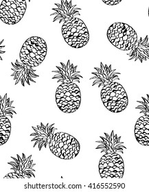 Pineapple seamless pattern. Tropical background. Vector texture. Monochrome wallpaper.