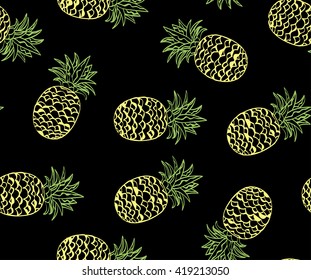 Pineapple seamless pattern. Tropical background. Vector texture. Black floral abstract.