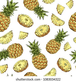 Pineapple seamless pattern. Tropical fruit sketch style. Hand drawn vector illustration.