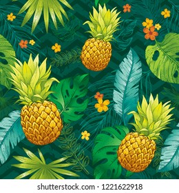 Pineapple seamless pattern. Tropical fruit textile print for apparel. Hand drawn sketch texture. Realistic color ananas with tropical palm leaf. Vector illustration isolated on green background