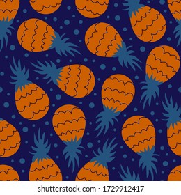 Pineapple seamless pattern. Tropical fruits on dark blue background with dots. Vector illustration.