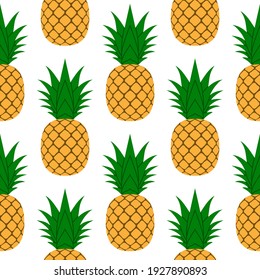 Pineapple seamless pattern. Tropical fruits textile texture isolated white background. Food print, fabric wrapping decorative backdrop. Typography graphic. Repeat design element Vector illustration