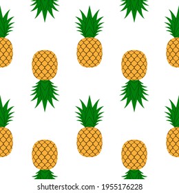 Pineapple seamless pattern. Tropical fruits textile texture isolated white background. Food print, fabric wrapping decorative backdrop. Typography graphic. Repeat design element Vector illustration