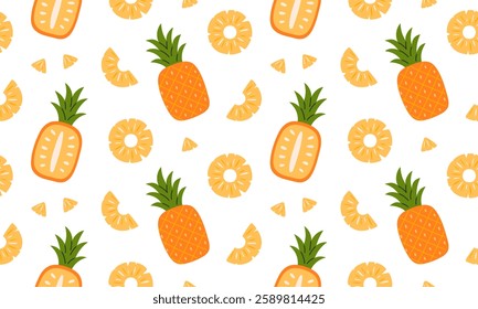 Pineapple seamless pattern. Tropical fruits fruits background design. Collection of organic vitamins and healthy nutrition. Flat Vector illustration