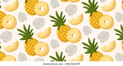 Pineapple seamless pattern with tropical leaves and fruit. Summer vector illustration in cartoon flat style on isolated background. For paper, cover, fabric, gift wrapping, notebook