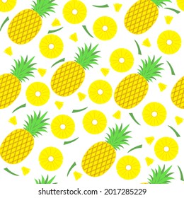 Pineapple seamless pattern. Tropical whole fruits and slices isolated on white background. Vector illustration