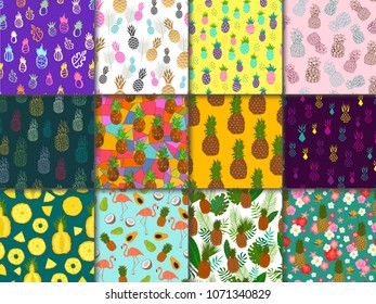 Pineapple seamless pattern vector ananas or tropical fresh fruit with flamingo textured backdrop and sweet exotic dessert with tropic flowers background set fruity illustration wallpaper