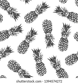 Pineapple seamless pattern, vector black and white background with pineapples for hawaiian shirt