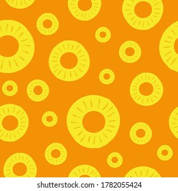 Pineapple seamless pattern. Vector illustration. Colorful slices ananas on a orange background. For decoration backdrops, banners, packings, textiles, paper, wallpapers, fabrics, creatives designs.