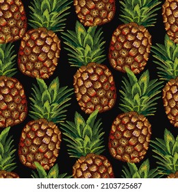 Pineapple seamless pattern. Vector illustration. Tropical fruit embroidery. Summer template for clothes, t-shirt design 