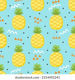 Pineapple Seamless Pattern vector illustration. Cute pineapple elements on blue background