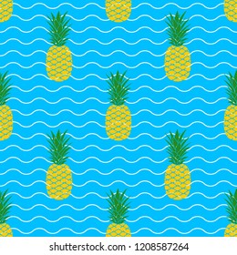 Pineapple seamless pattern with wavy lines. Tropical fruit background. Summer print. Vector illustration.