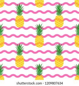 Pineapple seamless pattern with wavy lines. Tropical fruit background. Summer print. Vector illustration.