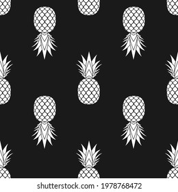 Pineapple seamless pattern. White tropical fruits textile texture on black background. Food print, fabric wrapping decorative backdrop. Typography graphic. Repeat design element Vector illustration