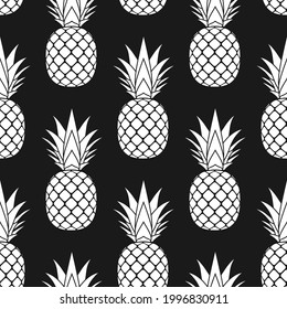 Pineapple seamless pattern. White tropical fruits textile texture on black background. Food print, fabric wrapping decorative backdrop. Typography graphic. Repeat design element Vector illustration